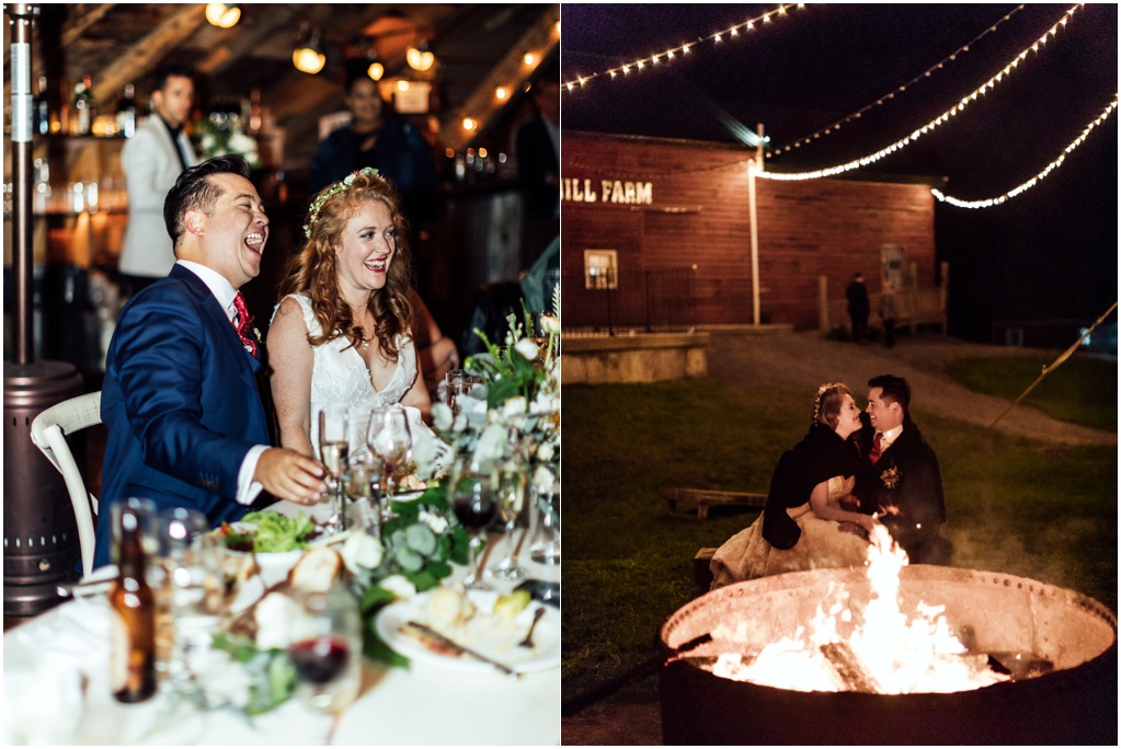 At the reception, the couple laughs during speeches then sits alone by the fire pit.