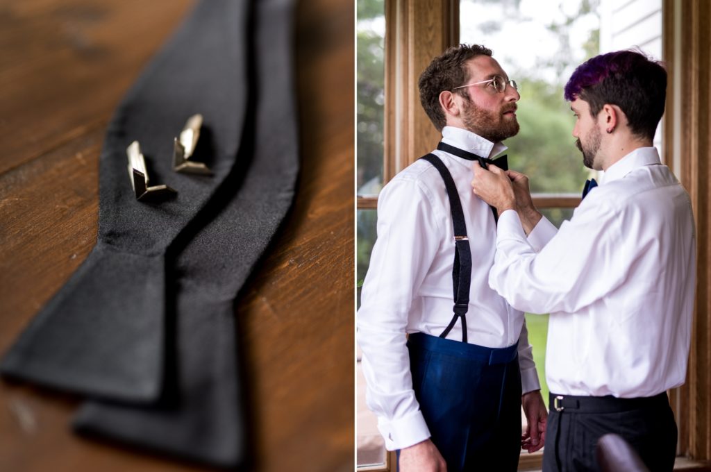 On the left, a close up shot of cufflinks on a bowtie. On the right, a groomsman helps the groom tie his tie.