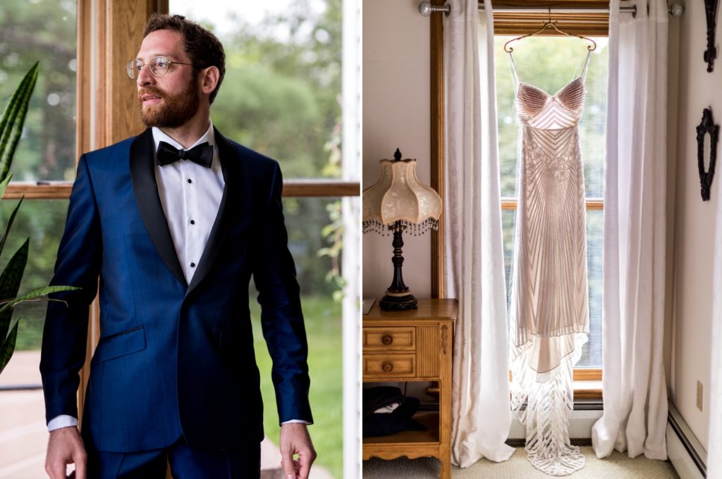 On the left, the groom looks out the window. On the right, a wedding dress hangs in the window.