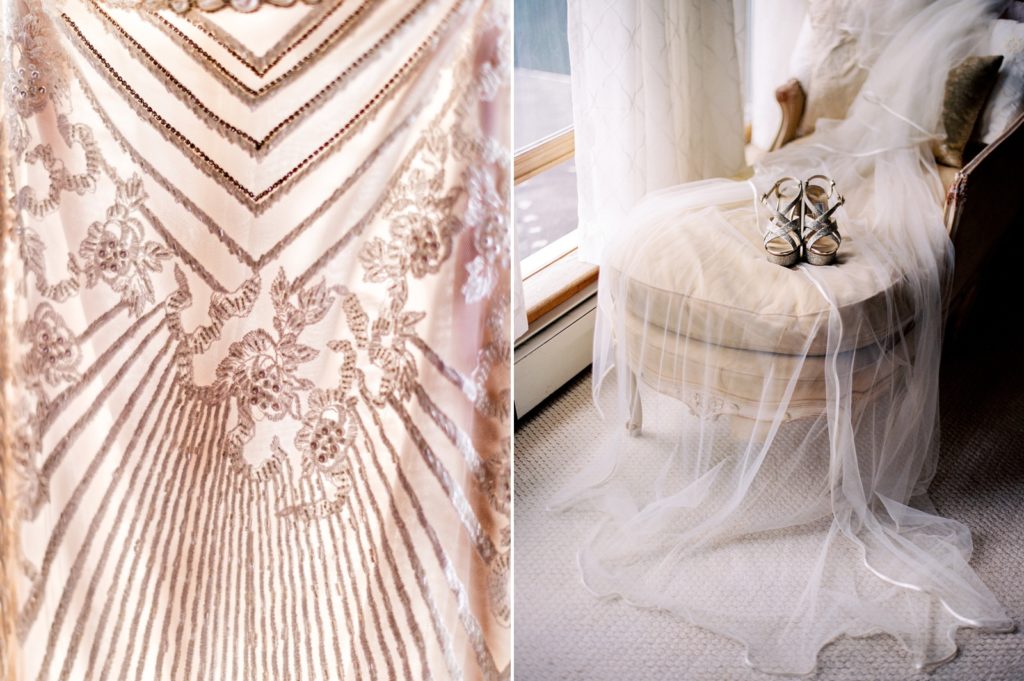 On the left, a detail shot of the wedding dress. On the right, the bride's veil is draped over a chair.