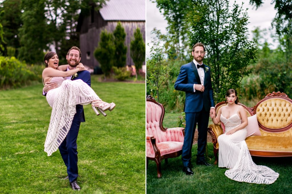 On the left, the groom carries the bride as they laugh. On the left, the bride sits on a yellow vintage couch while the groom stands beside her.