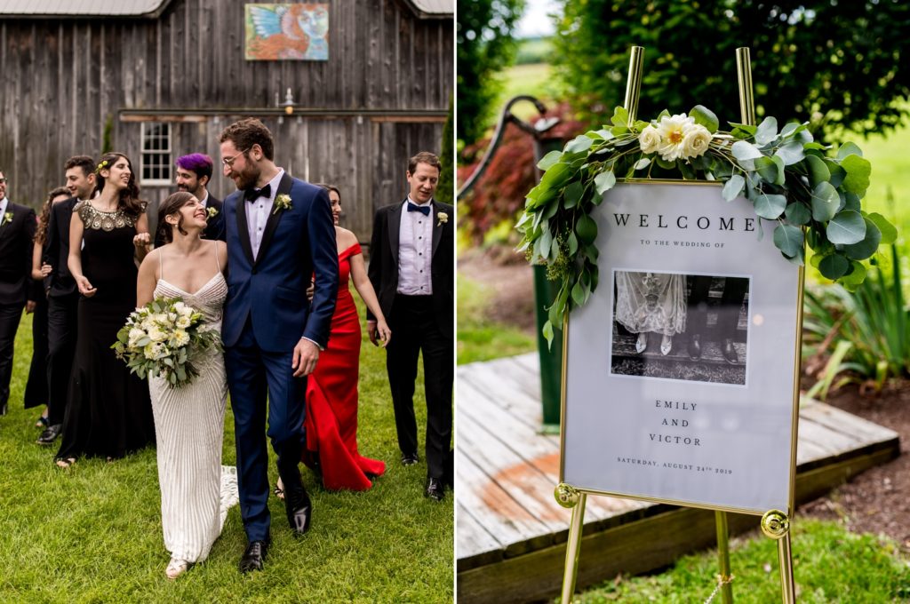The bride and groom walk with their wedding parties. A sign welcomes guests.