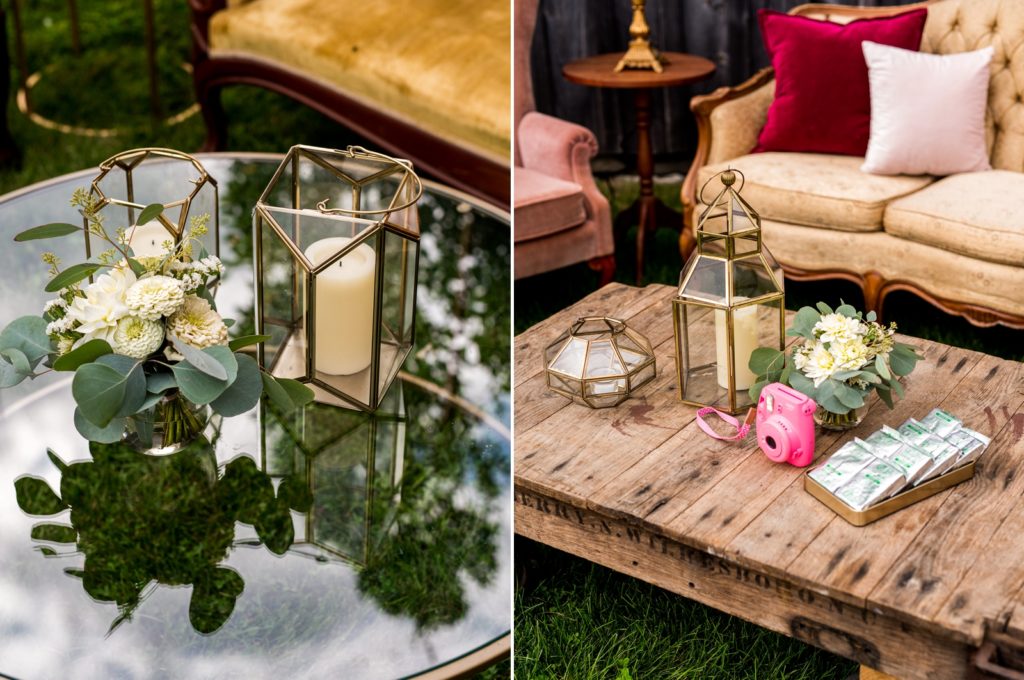 Close ups of decor, including candles and florals on tables