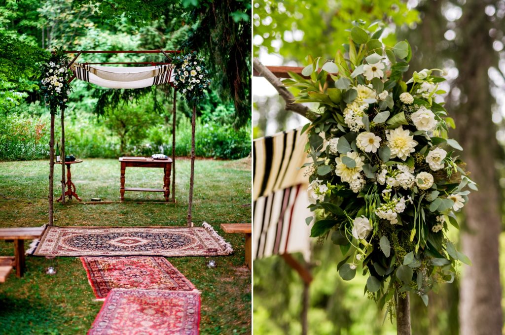 On the left, red rugs line the aisle to the altar. On the left, a close up of the flowers on the huppah.