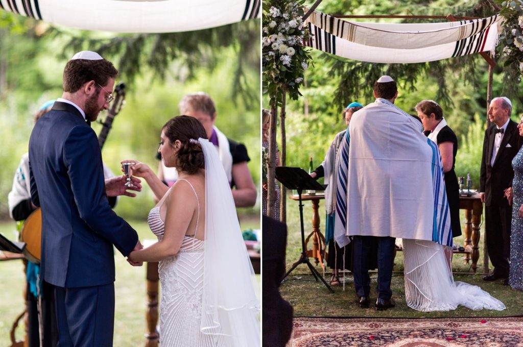 On the left, the couple shares a cup of wine. On the right, they stand at the altar with a prayer shawl around their shoulders.