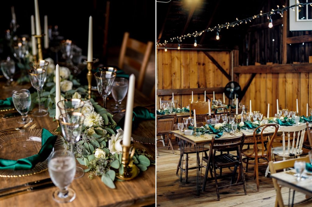 On the left, a close up photo shows the florals and tablescape. On the right, a more removed view shows all of the dining tables in the barn.