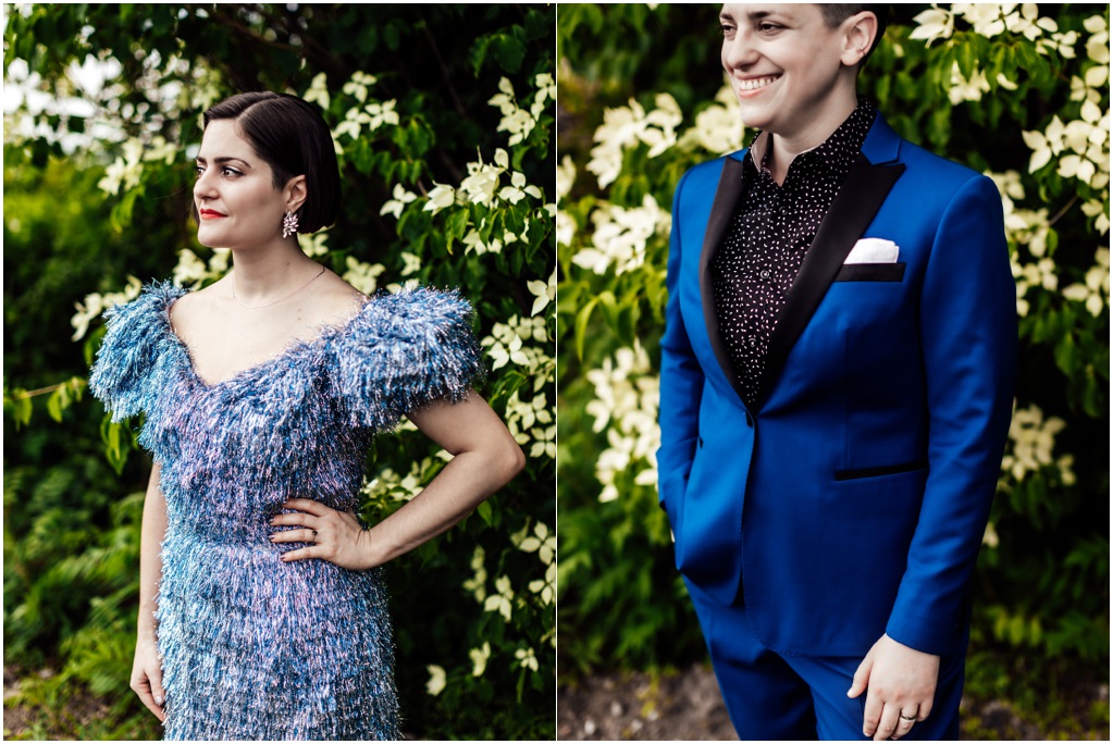 Close up portraits show one bride's blue dress. The other marrier wears a blue jacket and smiles.